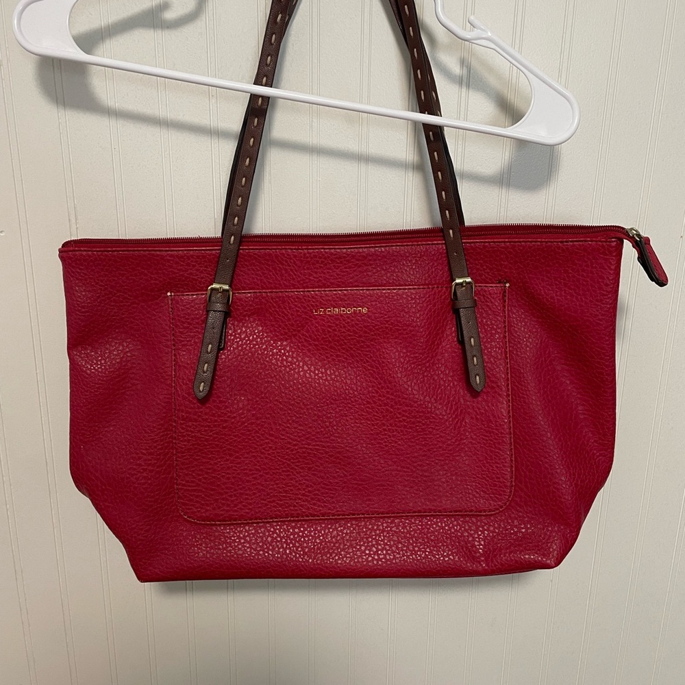 Liz Claiborne Faux People Leather Shoulder Tote Bag Red